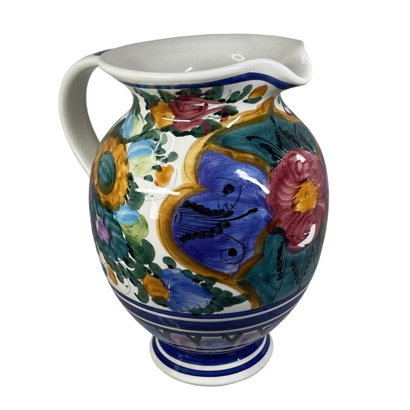 Pottery Pitcher Terra Chroma GR colorful handmade 8" tall blue orange purple - Picture 4 of 6